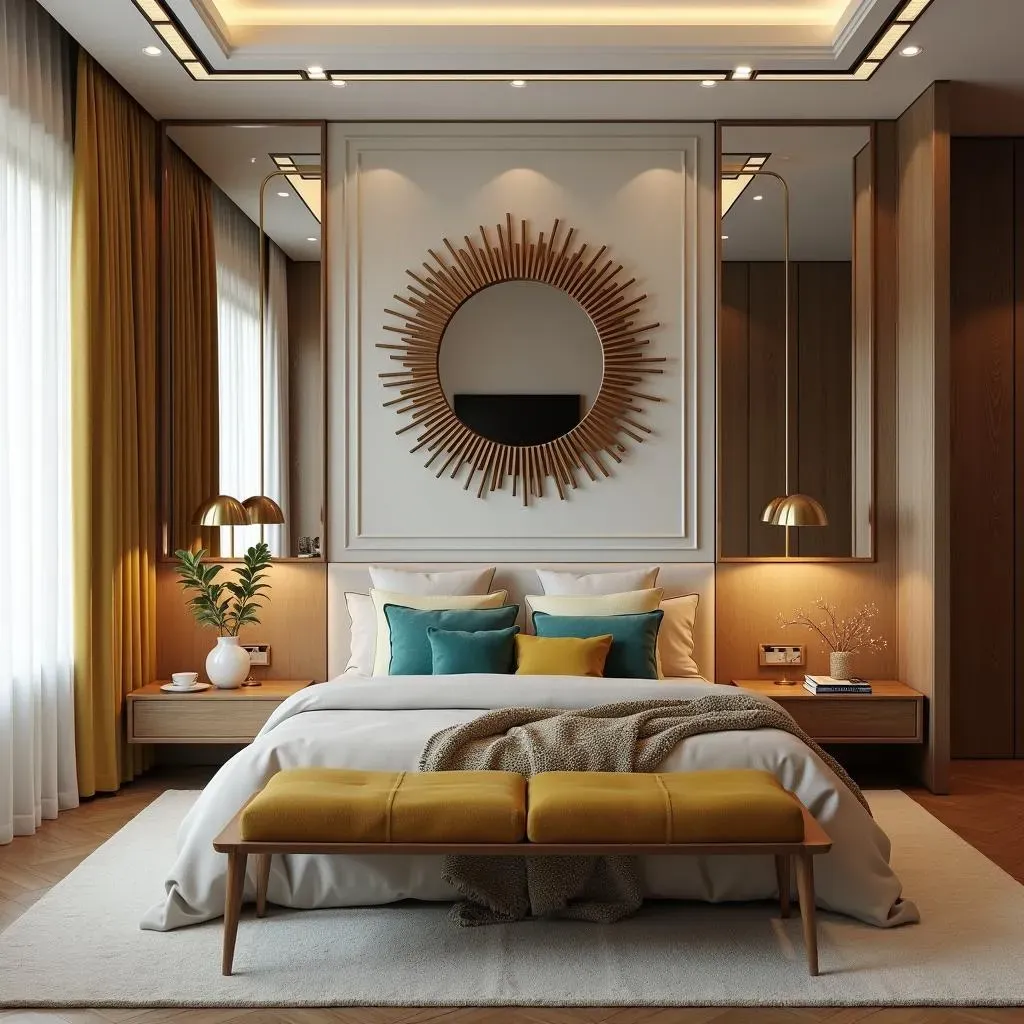 Creative MidCentury Modern Bedroom Accent Wall Ideas with Mirrors and Metal Accents